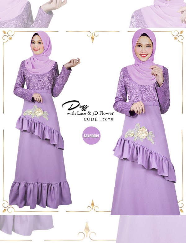 DRESS WITH LACE & 3D FLOWER (LAVENDER) 707