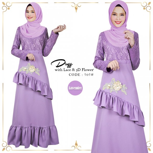 DRESS WITH LACE & 3D FLOWER (LAVENDER) 707