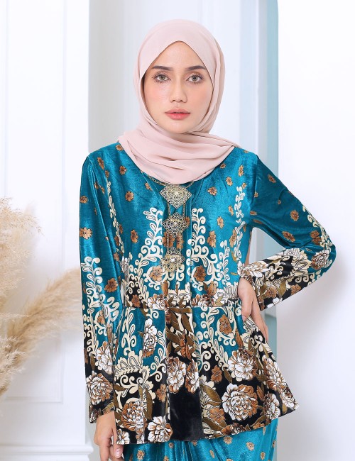 FLORAL PRINTED VELVET KEBAYA (TEAL BLUE)-P9031#