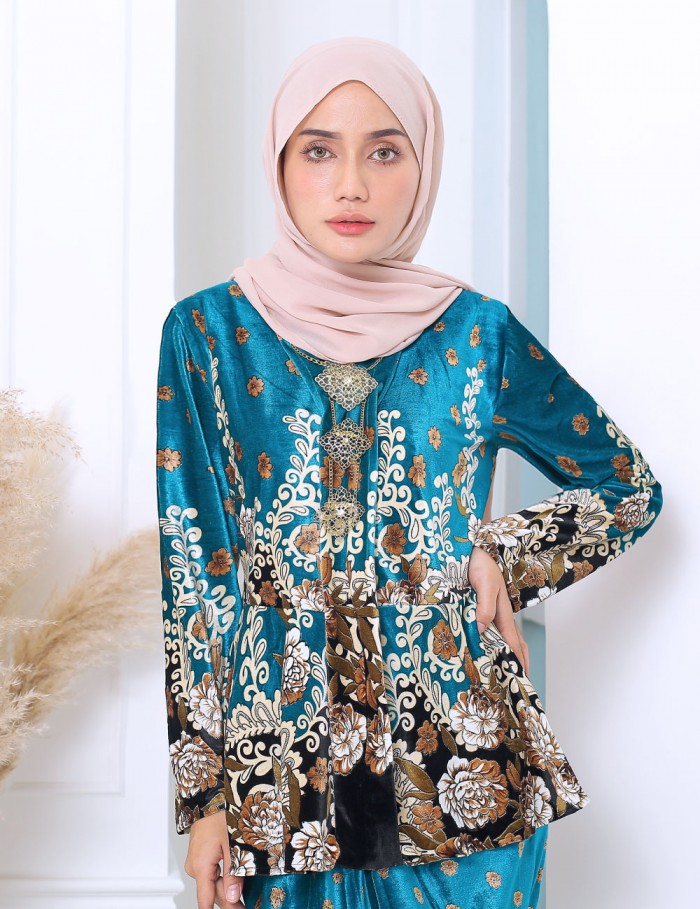 FLORAL PRINTED VELVET KEBAYA (TEAL BLUE)-P9031#