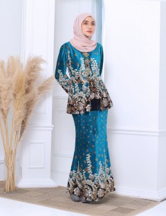 FLORAL PRINTED VELVET KEBAYA (TEAL BLUE)-P9031#