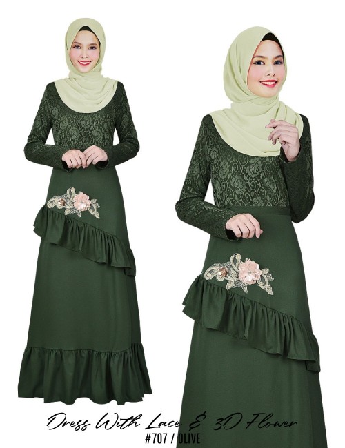 DRESS WITH LACE & 3D FLOWER (OLIVE) 707