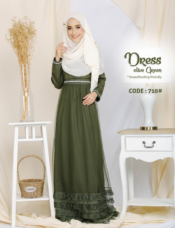 LAILY DRESS WITH TULLE MESH (OLIVE) 710