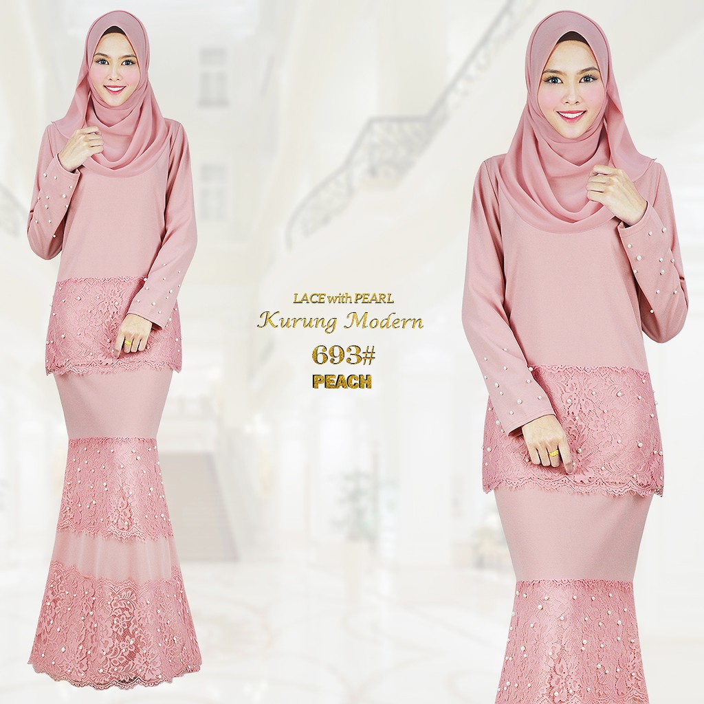 baju kurung lace peach